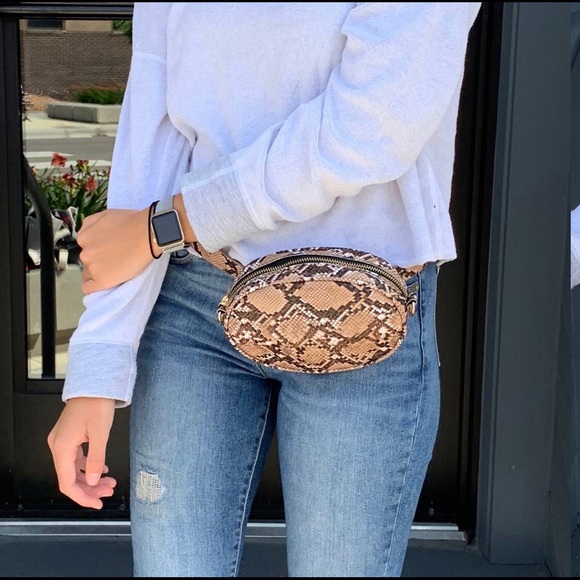 Snake skin patterned Oval-shaped waist bag w/chain - Picture 2 of 7